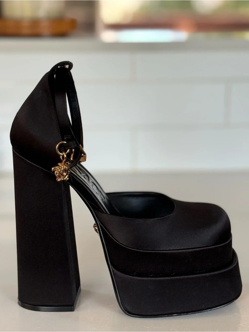 Versace Black Platform Block Heel D’Orsay Pump with Crystal Ankle Strap, Size 6